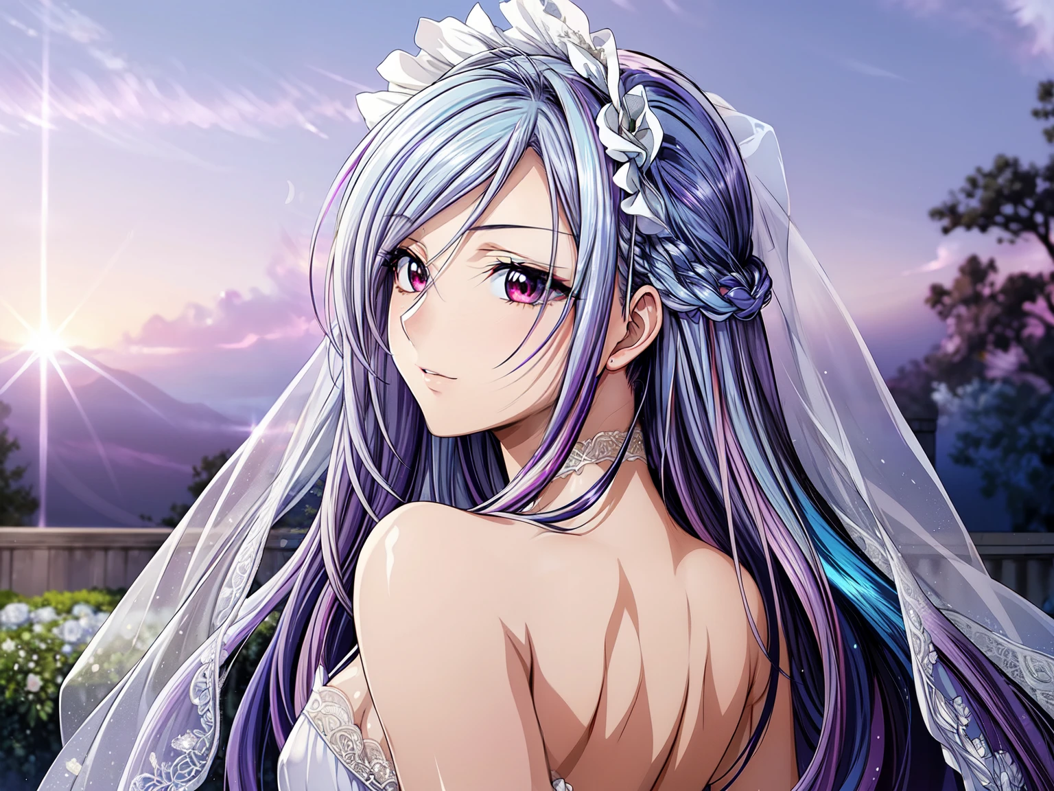 (masterpiece, best quality, beautiful and aesthetic:1.3), look back, side view, 1woman, solo, matured woman, (Silver blue hair streaked purple:1.4), (Gradient sky blue hair ends:1.6), hair strand, absurdly long hair, single sidelock, wavy hair, shiny hair, floating hair, (deep red eyes), delicate eyes, aqua eyes, super high detailed eyes, long upper eyelashes, makeup, Focus on face, Very detailed facial, Perfect breasts, hot body, (Delicate skin texture:1.2), bridal veil, lace-trimmed dress, see-through, wedding dress, outdoors, white roses, garden, morning, standing, extreme detailed, (A little embarrassing)