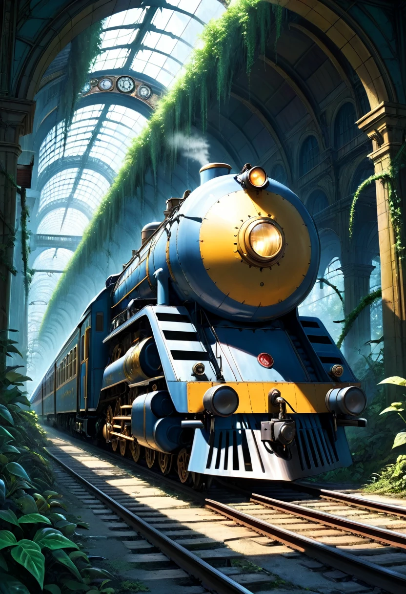 Railroad station, esthetic, Steampunk abandoned trains, in the jungle, covered with vines, Pflanzen, gear lines, gears; epic light, filmic, Glittering, breath-taking, complicated, carefully, dramatic, atmospheric, maximalist, digitales Matte Painting, arcane, threatening, dusk, mœbius, Golden hours