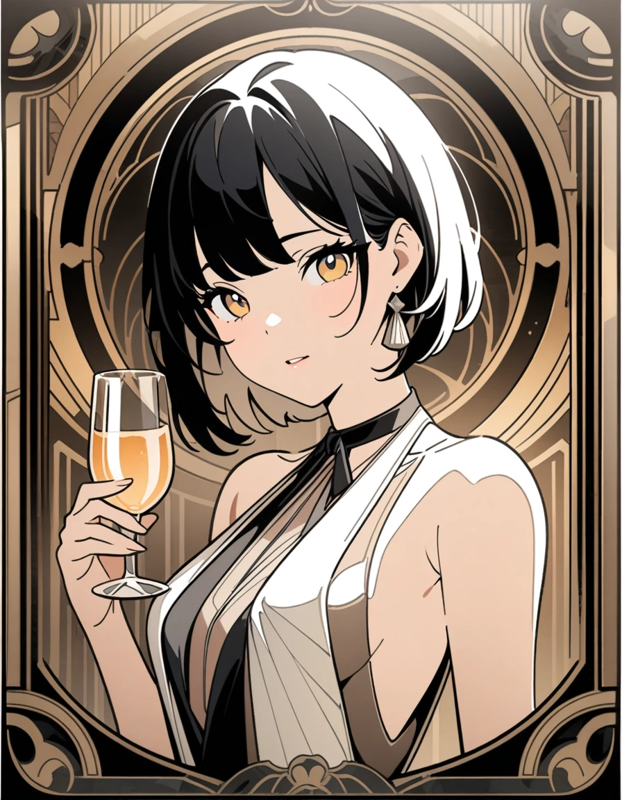 art deco, card, frames, vintage, art deco poster, high quality, formal, holding glass, 1girl, female, dress, beautiful face, cute face, black hair, golden eyes, cool expression, upper body, masterpiece, detailed, line art, straight lines, clear art, great gatsby, flat art