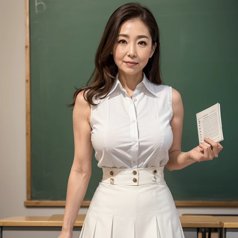 High resolution, High-level image quality, High definition, masterpiece, 8k, Anatomically correct, Professional Lighting, sharp, White Photo, ((Japanese Mature, 90 years old, Beautiful female teacher)), One person, ((Facial wrinkles)), Shapely large breasts, Straight, light brown, long hair that reaches the shoulders, Chubby body type, ((School classroom, Standing upright, holding the attendance book and looking at the viewer)), (((A white sleeveless summer buttoned shirt tucked into a skirt, Tight summer high waisted white long flared skirt))), Composition from knee to head
