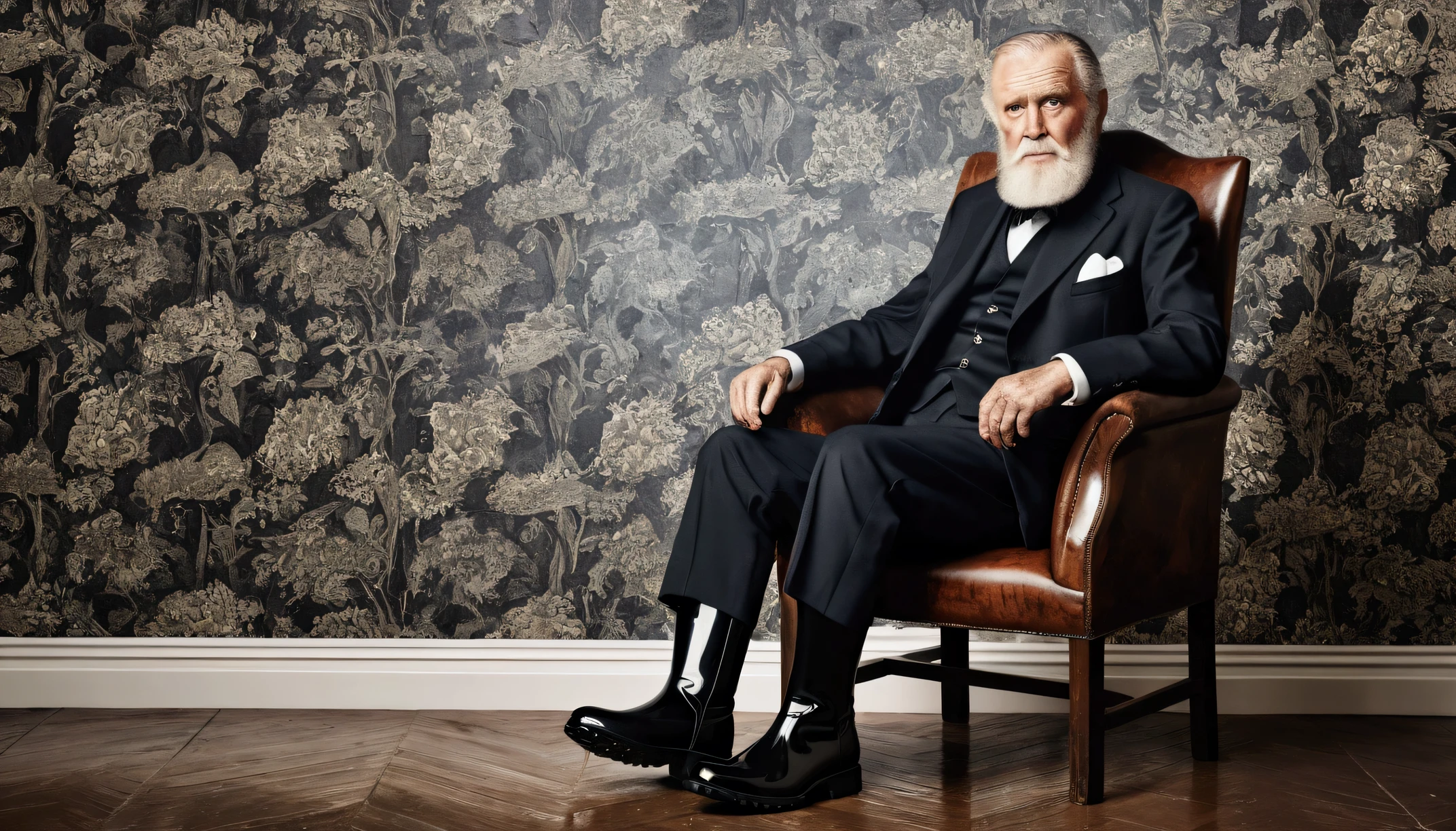 Old gentleman with a beard,Sit on a chair,Eyes on Boots,Black high gloss rain boots, 8k resolution,Masterpieces of wallpaper,Highest quality,Digital Painting,Very meticulous,super high quality