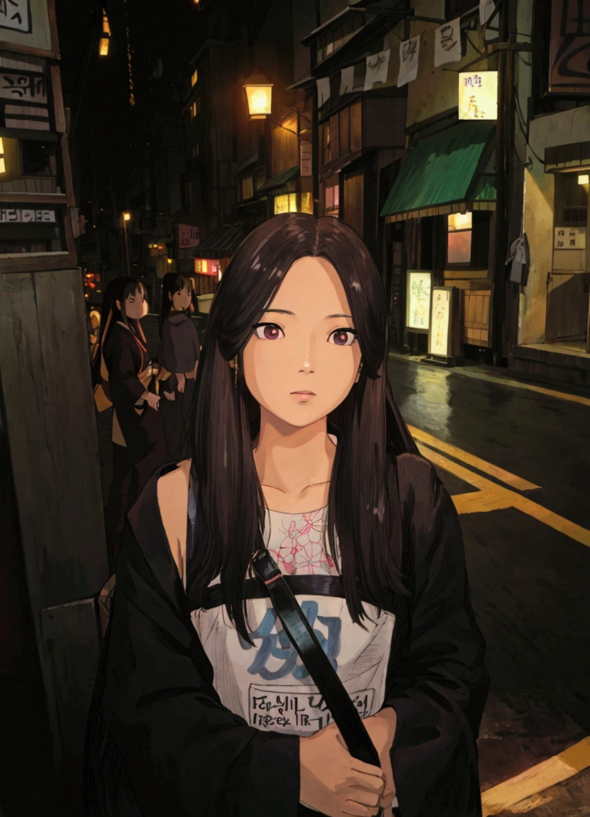 ghibli style, masterpiece, best quality, arafed woman standing on a city street at night, portrait of jossi of blackpink, jossi of blackpink, blackpink jennie, a young asian woman, portrait of a japanese teen, roseanne park of blackpink, beautiful japanese girls face, sui ishida with black hair, gorgeous young korean woman, beautiful young korean woman, asian girl with long hair, young asian girl