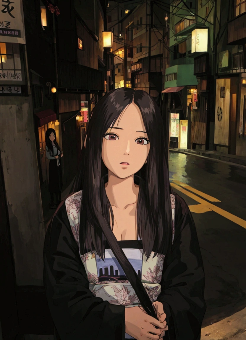 ghibli style, masterpiece, best quality, arafed woman standing on a city street at night, portrait of jossi of blackpink, jossi of blackpink, blackpink jennie, a young asian woman, portrait of a japanese teen, roseanne park of blackpink, beautiful japanese girls face, sui ishida with black hair, gorgeous young korean woman, beautiful young korean woman, asian girl with long hair, young asian girl