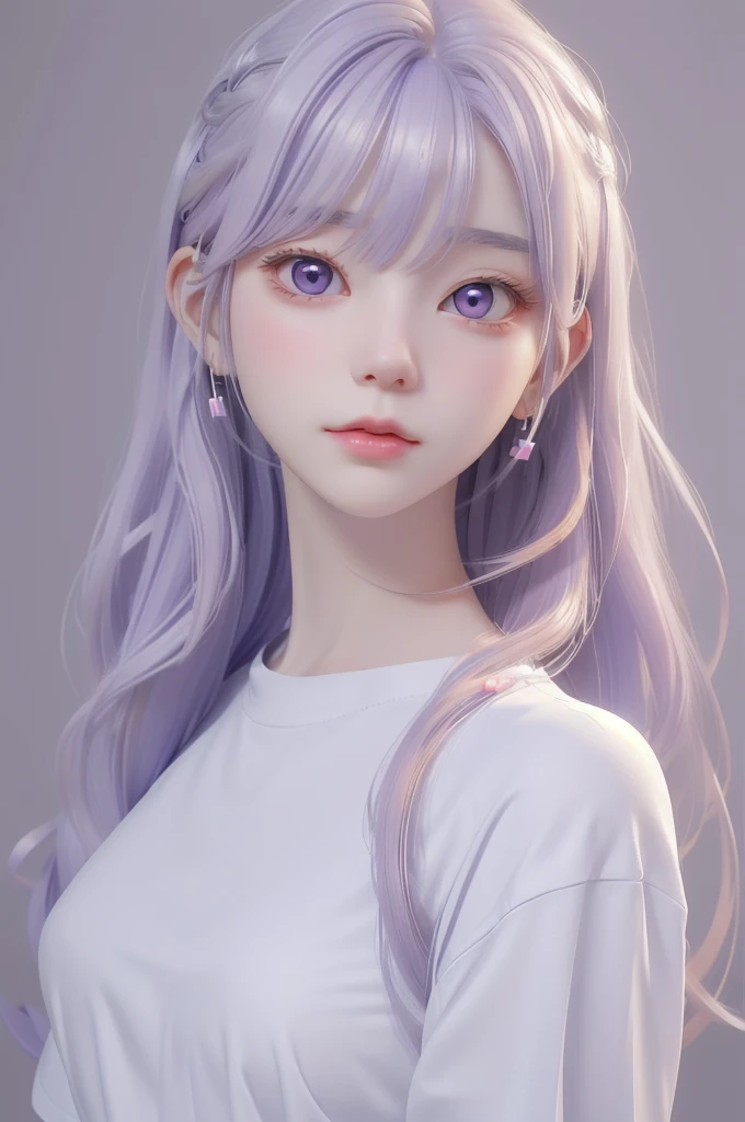 Best quality, cartoon_Portrait, 1 female, solo, female with long white and purple hair, light pastel, looking at viewer, simple background, 1 white cat, gray eyes, closed mouth, long white shirt, lips, swept bangs, bedroom background, red lips
