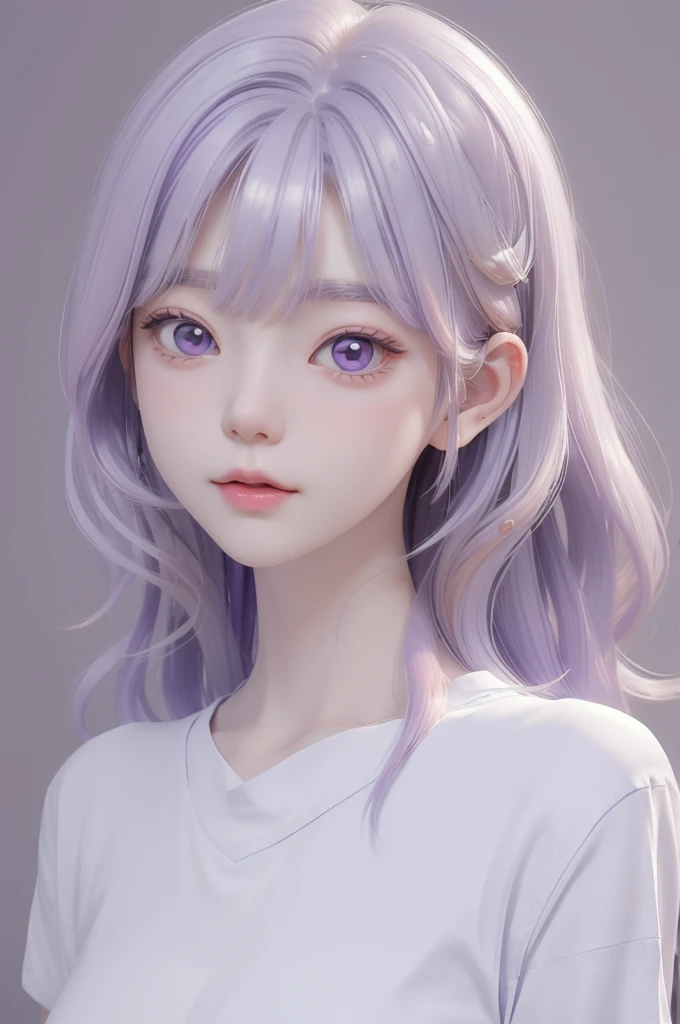 Best quality, cartoon_Portrait, 1 female, solo, female with long white and purple hair, light pastel, looking at viewer, simple background, 1 white cat, gray eyes, closed mouth, long white shirt, lips, swept bangs, bedroom background, red lips