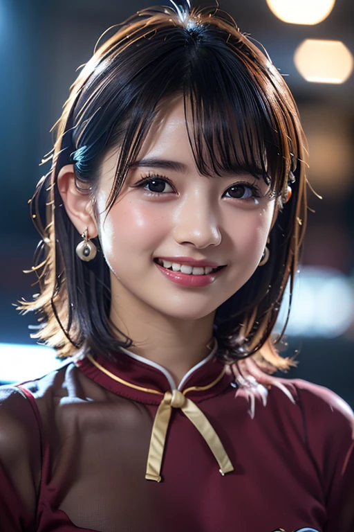 ((8k, RAW Photos,Highest quality, High resolution:1.1), (Ultra-realistic:1.4),(Realistic, Realistic:1.3), big,Realistic Face,Realistic Body,Realistic Skin,masterpiece,(cute:1.8), Cuties, alone, (big:1.2), Fine black eyes,Innocent eyes,(T-Shirts:1.2 ),Cinema Lighting,Film Grain,jewelry,Earrings,((Medium Hair:1.1)),Cherry colored lips,Hair Ribbon,ponytail,close,Viewer,Long Hair,Upper Body,Open your lips,Upper teeth, (Smiling Eyes:0.6),((Grin:1.2)), Blurred Background, Eye focus , Bokeh,young, 85mm lens, young,Portraiture,Photon Mapping,Radio City,Physically Based Rendering,Asian,China dress)