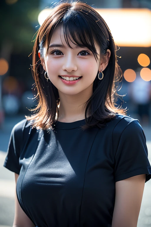 ((8k, RAW Photos,Highest quality, High resolution:1.1), (Ultra-realistic:1.4),(Realistic, Realistic:1.3), big,Realistic Face,Realistic Body,Realistic Skin,masterpiece,(cute:1.8), Cuties, alone, (big:1.2), Fine black eyes,Innocent eyes,(T-Shirts:1.2 ),Cinema Lighting,Film Grain,jewelry,Earrings,((Medium Hair:1.1)),Cherry colored lips,Hair Ribbon,ponytail,close,Viewer,Long Hair,Upper Body,Open your lips,Upper teeth, (Smiling Eyes:0.6),((Grin:1.2)), Blurred Background, Eye focus , Bokeh,young, 85mm lens, young,Portraiture,Photon Mapping,Radio City,Physically Based Rendering,Asian,China dress)