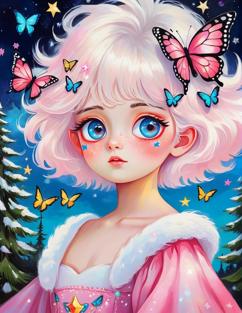 Collage oil painting:Boy Portrait,Eye details,Big eyes with stars in them,White fluffy hair,There is a pine tree on my shoulders,Princess dress,Butterflies in the sky,Luminescence,Soft pink