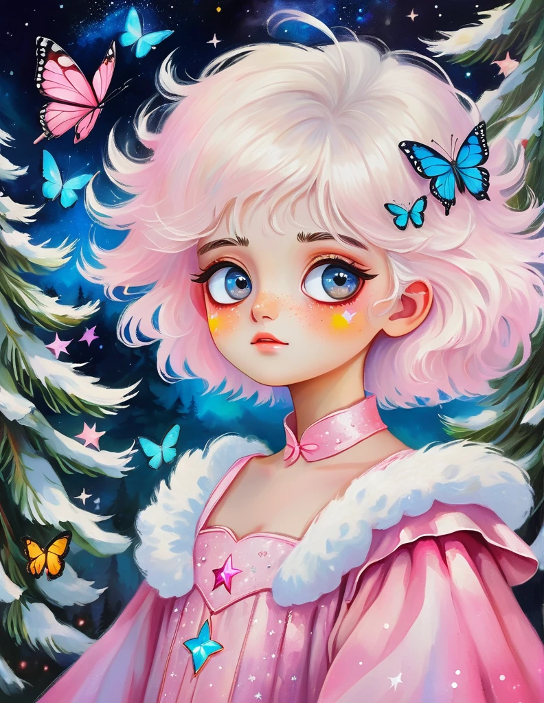 Collage oil painting：Girl Portrait，Eye details，Big eyes with stars in them，White fluffy hair，There is a pine tree on my shoulders，Princess dress，Butterflies in the sky，Luminescence，Soft pink