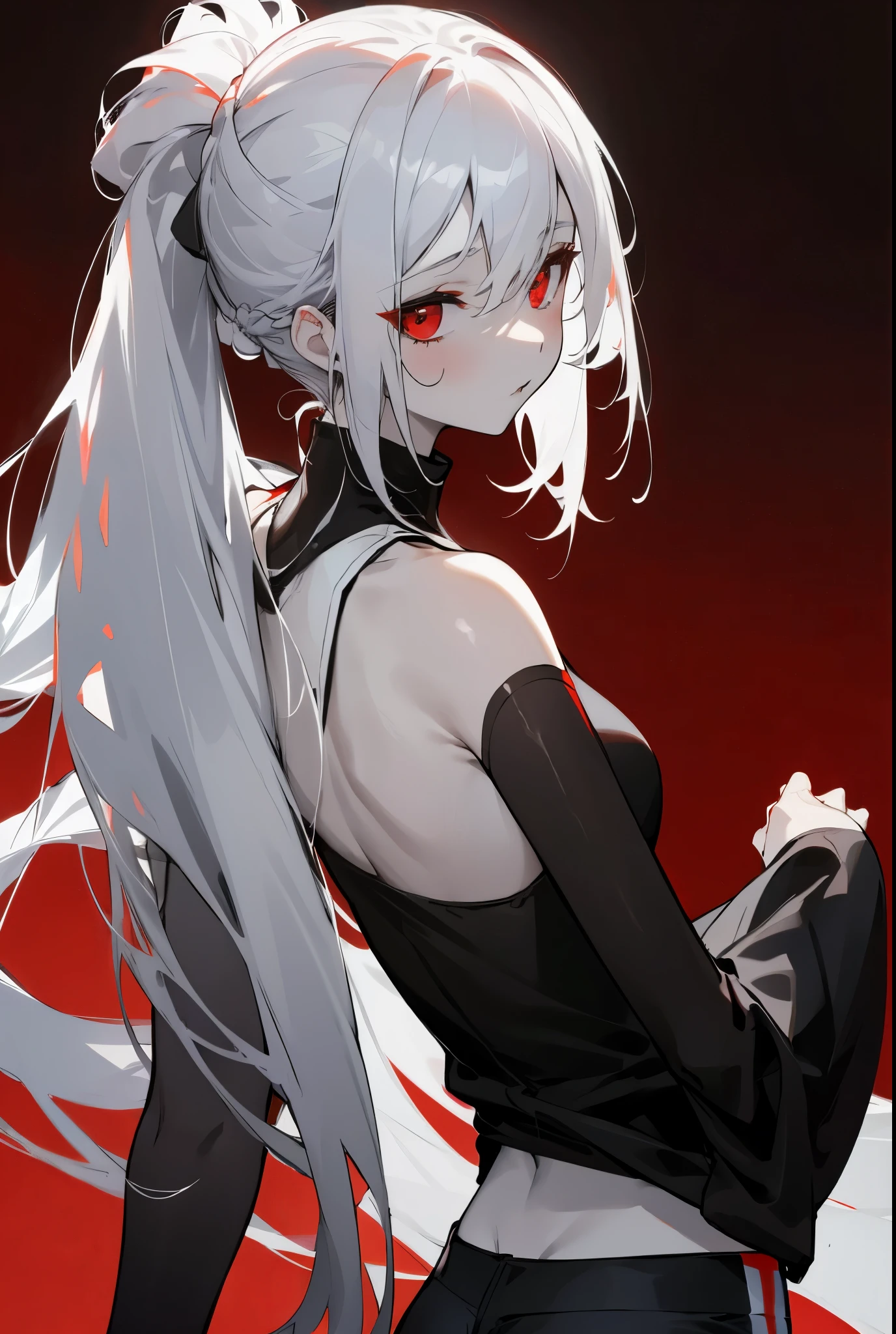 1female, pale white skin, black cracks, white hair, long hair, updo letting down hair, black scelera, red eyes, black sports sleeveless top, black and white pants, looking back, red misty background