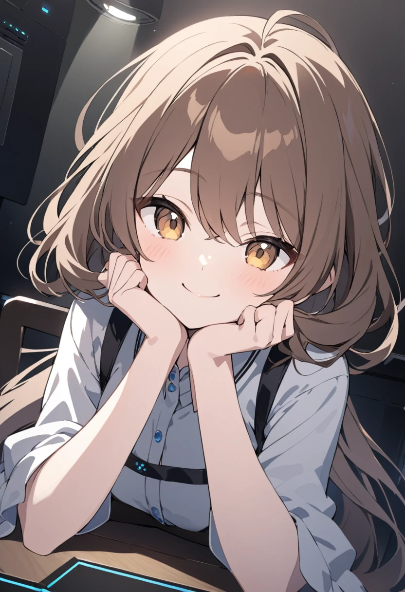 Dark Room,A girl resting her chin on her hands,Looking at me,Private Server,Brown Hair,smile