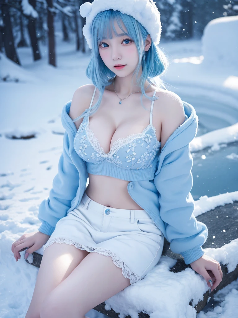 Snow Country High Resolution Light Blue Hair, , Snow Flowers on Thighs 19 Years Old　Droopy eyes 3D Camisole

