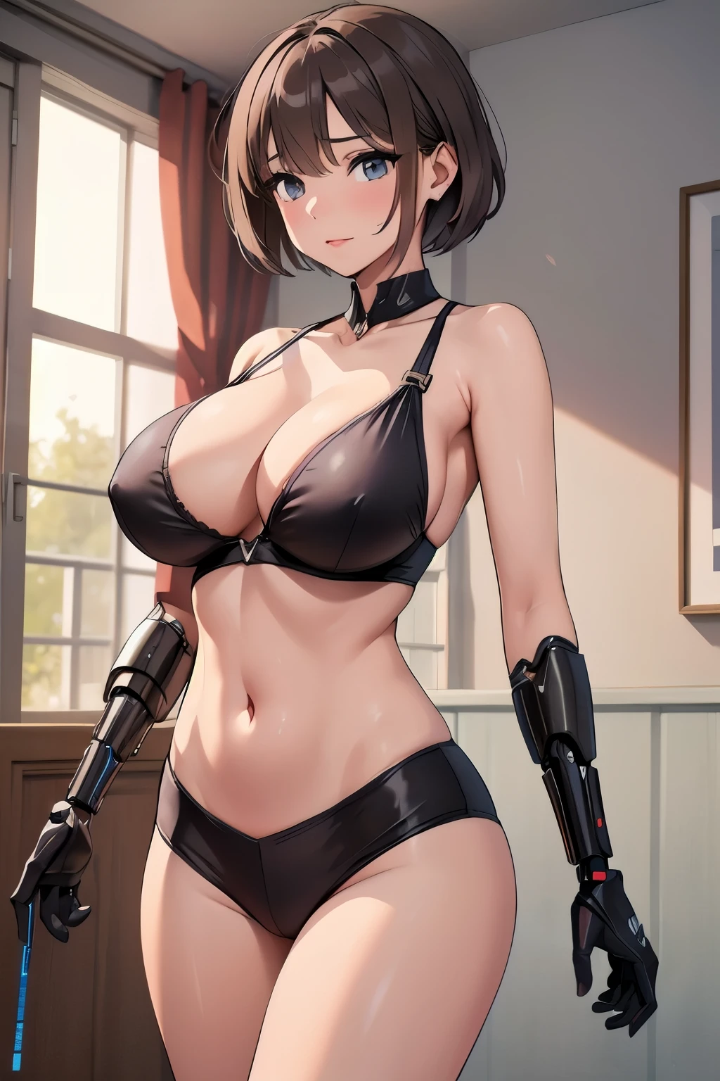 (masterpiece, Best Quality), 1 girl, T-X, terminator 3, single mechanical arm, big breast, short hair, sexy
