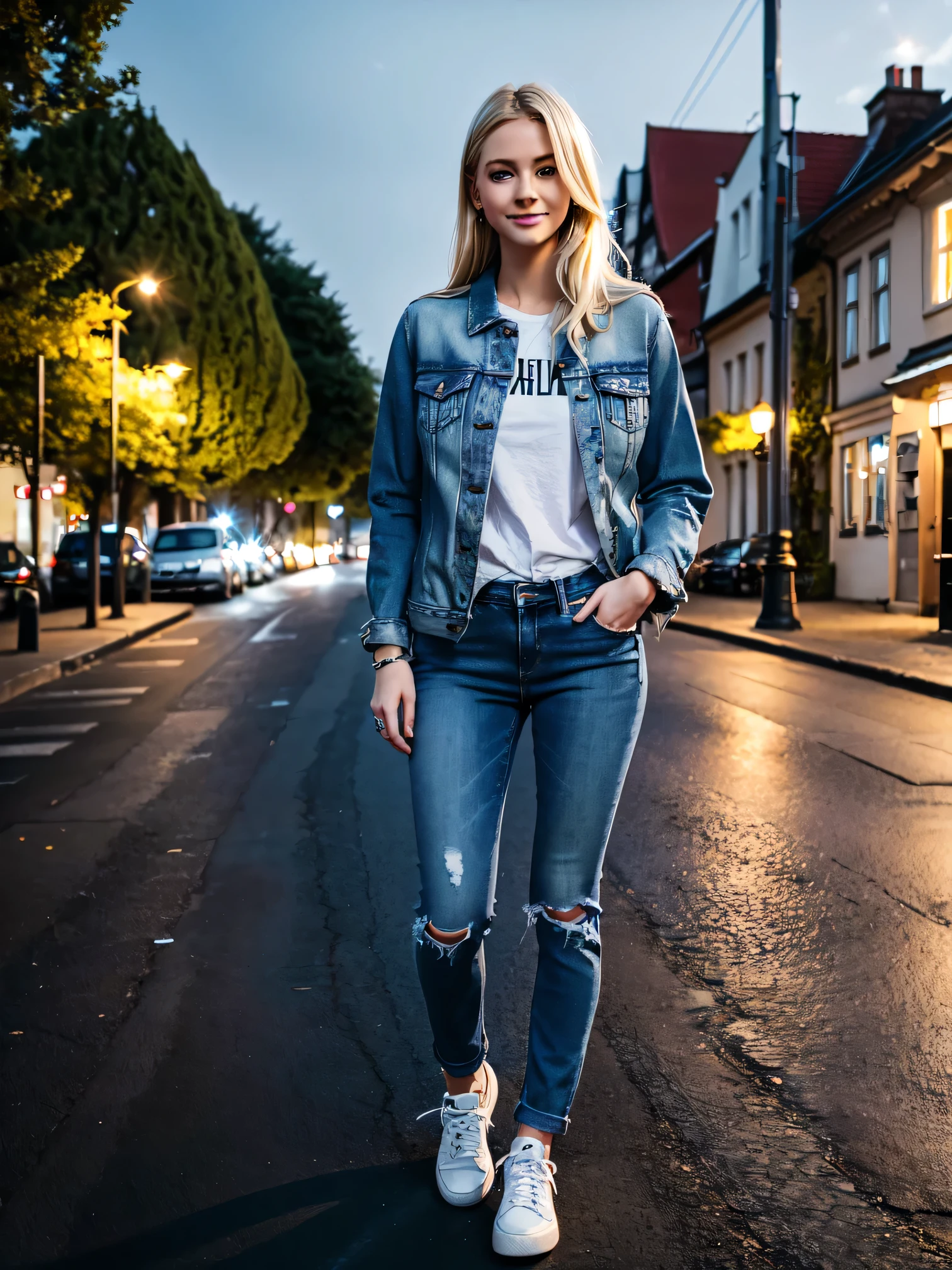 Breathtakingly realistic, Highest quality,,（Full body photo）、 German girl standing,Blonde Hair,、blue eyes、、Ear piercing、,smile、Jeans jacket,Skinny jeans,sneakers、Background is a park at night
