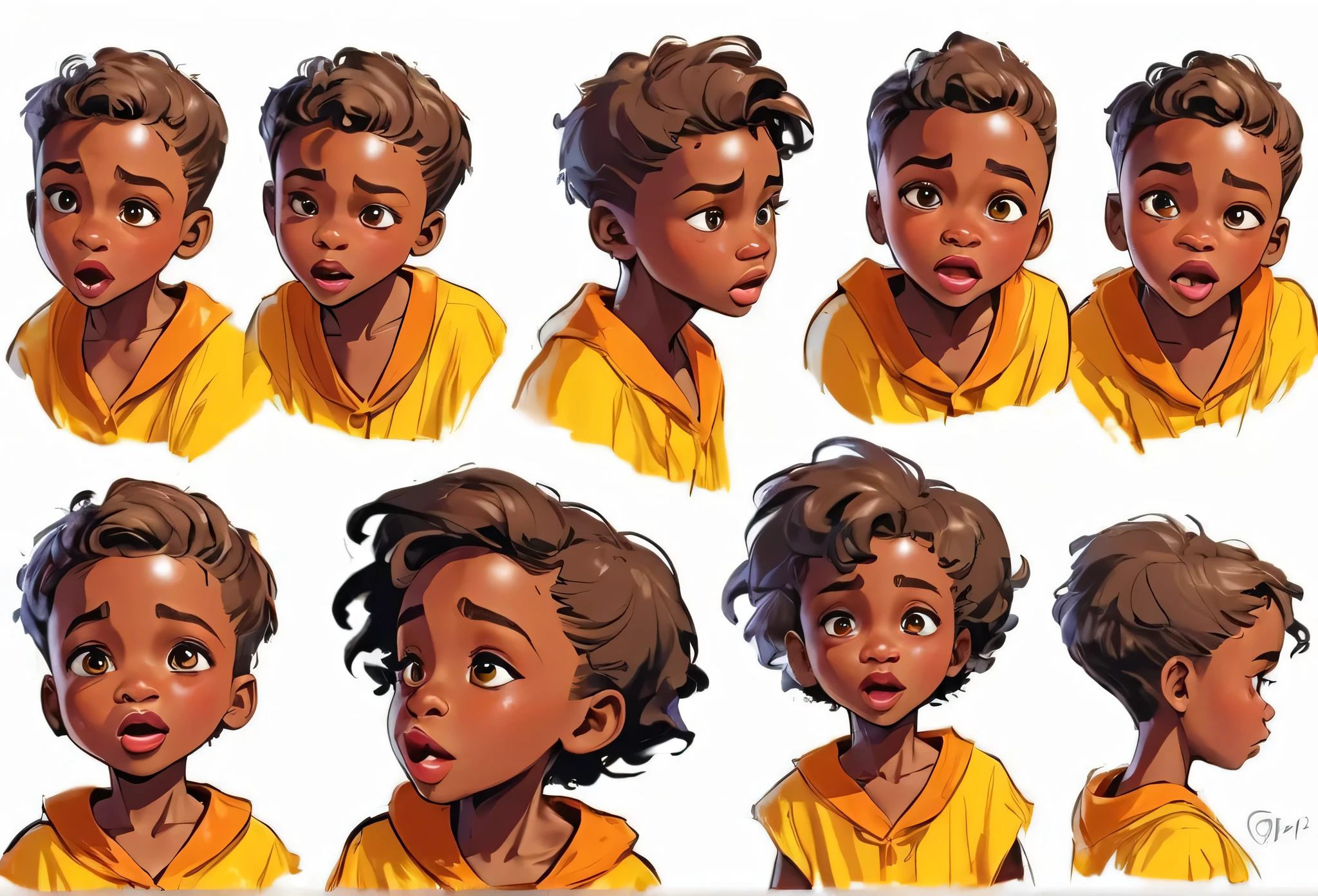 An eight years old boy (character design sheet) face study, lip sync, expression, same character front, side, back
African (masterpiece best quality:1.2) delicate illustration ultra-detailed, illustrations, bright, colourful,