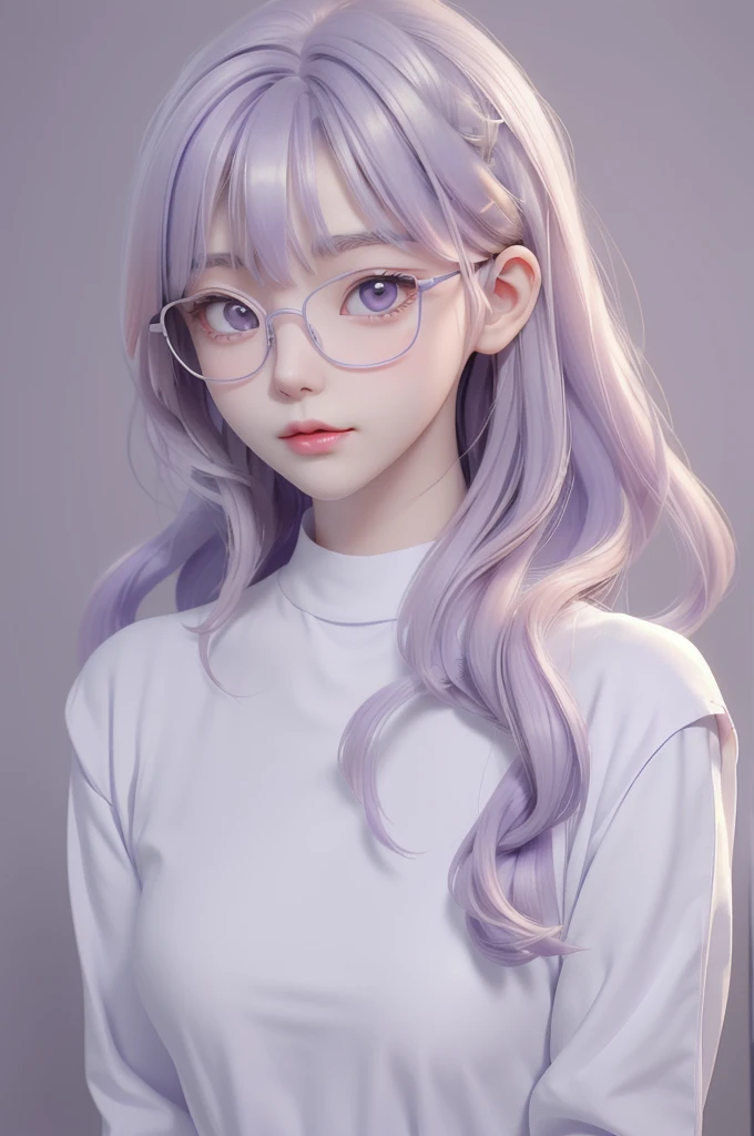 Best quality, cartoon_Portrait, 1 female, solo, female with long white and purple hair, light pastel, looking at viewer, simple background, 1 white cat, gray eyes, closed mouth, Glasses, long white shirt, lips, swept bangs, bedroom background, red lips