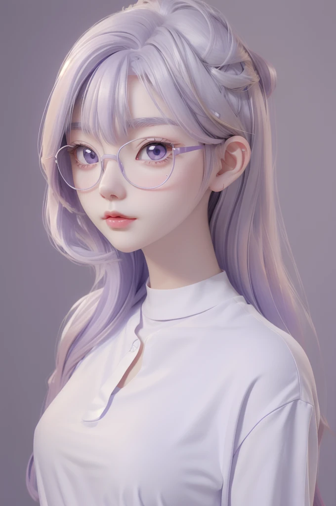 
Best quality, cartoon_Portrait, 1 female, solo, female with long white and purple hair, light pastel, looking at viewer, simple background, 1 white cat, gray eyes, closed mouth, Glasses, long white shirt, lips, swept bangs, bedroom background, red lips