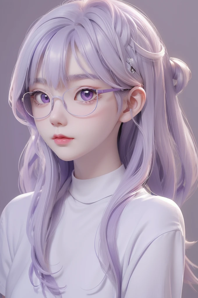 Best quality, cartoon_Portrait, 1 female, solo, female with long white and purple hair, light pastel, looking at viewer, simple background, 1 white cat, gray eyes, closed mouth, Glasses, long white shirt, lips, swept bangs, bedroom background, red lips