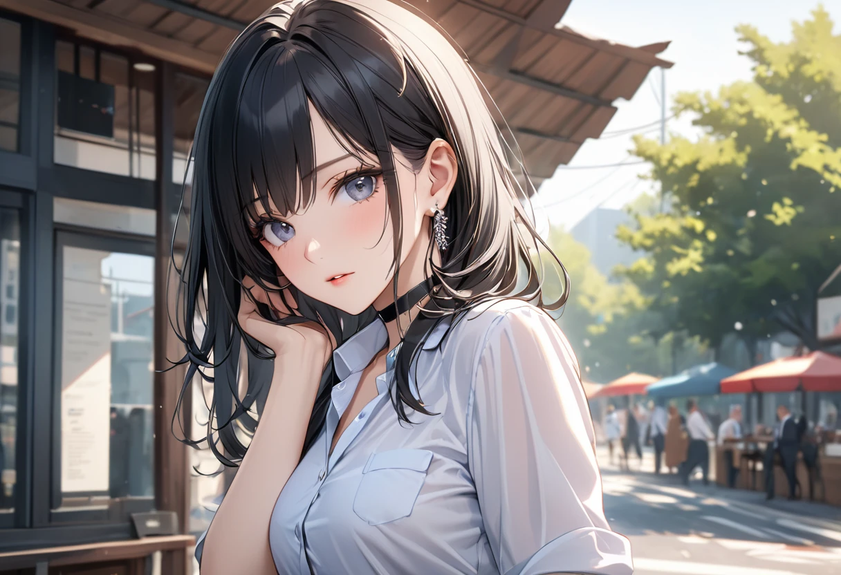 best quality, super_delicate, ultra detailed, beautiful, 8k , 1girl, black hair, business shirt, earrings, choker, outdoor, bright