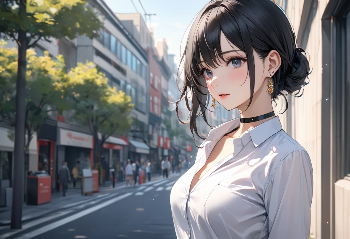 best quality, super_delicate, ultra detailed, beautiful, 8k , 1girl, black hair, business shirt, earrings, choker, outdoor, bright