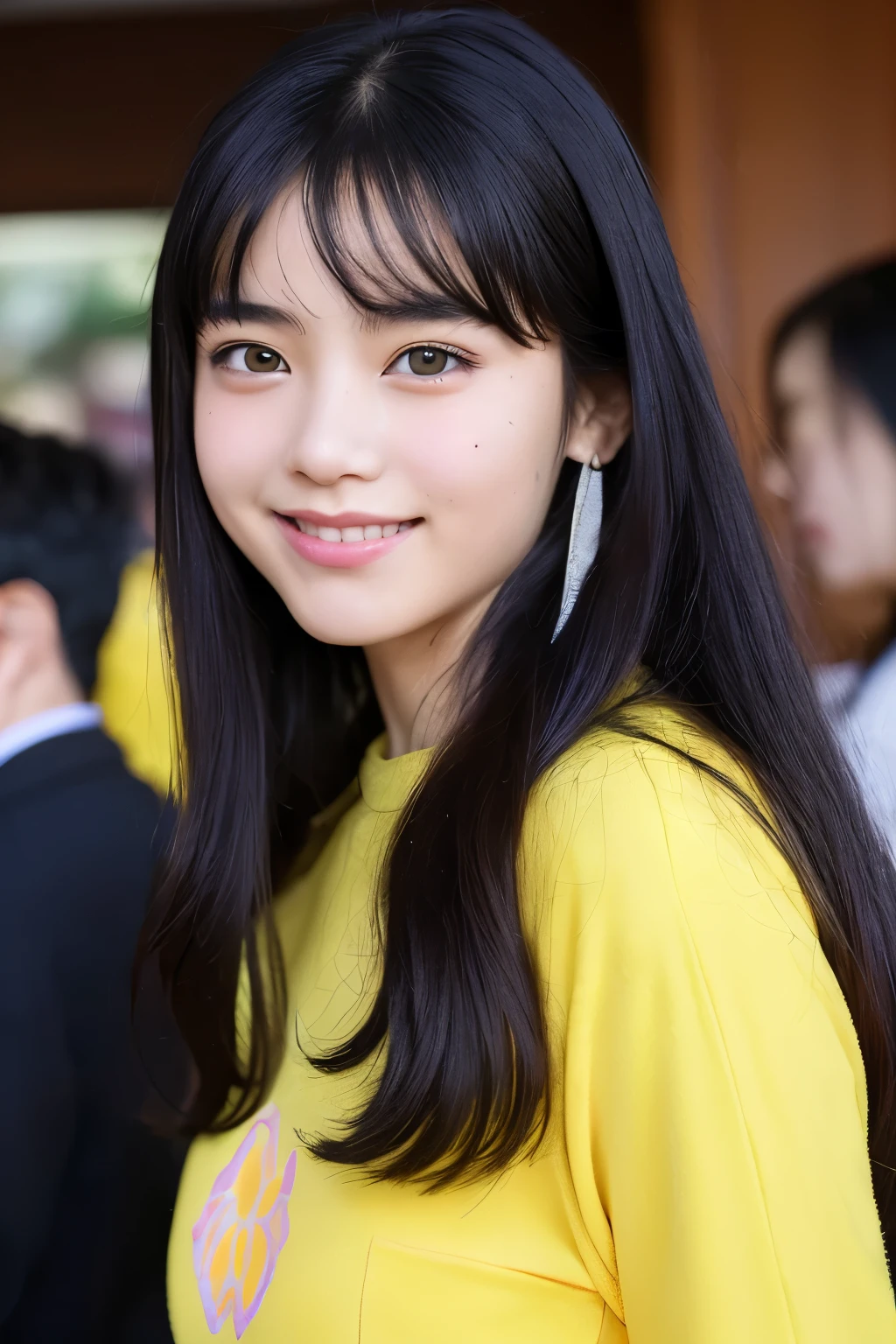 (highly detailed body、more detailed face、best quality:1.2)、not、Looking at the viewers、(black hair、smile、15 year old student、psychedelic clothing、accessorized)、(Lemon on background)