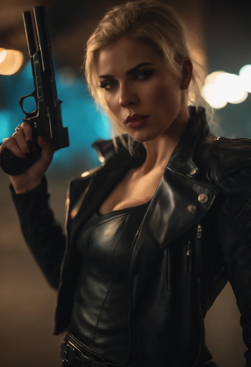 Close-up of a woman in a leather suit holding a gun, toxicpunk 2.0 model girl, toxicpunk beautiful girl, female toxicpunk anime girl, toxicpunk girl, toxicpunk judy alvarez, Hyper-realistic toxicpunk style, cyberpunk anime girl, wojtek fus, toxicpunk character, female toxicpunk , toxicpunk angry gorgeous goddess, toxicpunk art ultrarealistic 8k, toxicpunk femme fatale