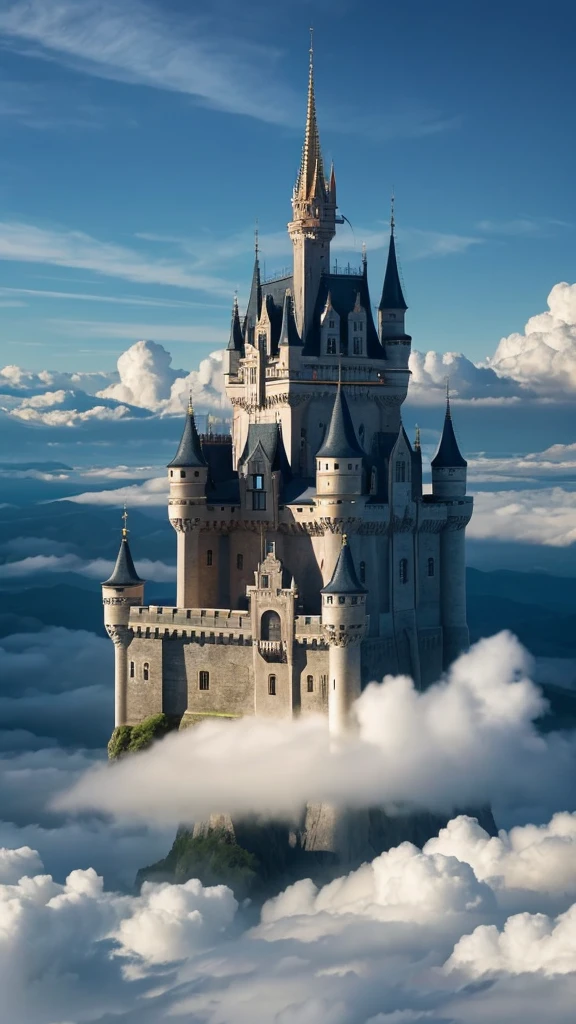 A castle floating in the vast sky, hidden among the clouds
Clear and mysterious
