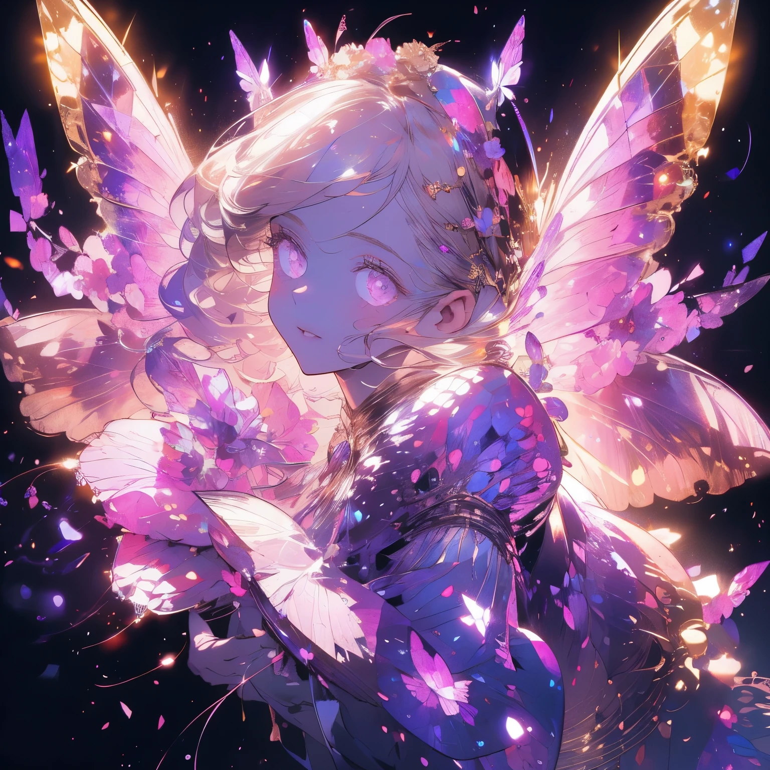 a beautiful (1girl) with colorful butterfly wings, white hair, detailed face, purple eyes,intricate butterfly wings,detailed wing patterns,detailed clothing,colorful butterfly wings,cinematic lighting,golden light particle, best detailed,masterpiece,ultra detailed, best shadow, delicate,action pose, posed,(dynamic angle,detailed background, fantasy), (handsome detailed face), high contrast, (best illumination, an extremely delicate and beautiful), ((cinematic light)), colorful, hyper detail, dramatic light, intricate details, butterfly circle, magic crystals, rainbow, Fantastic fairy, Unique type, Sharp detail line, Double beauty,