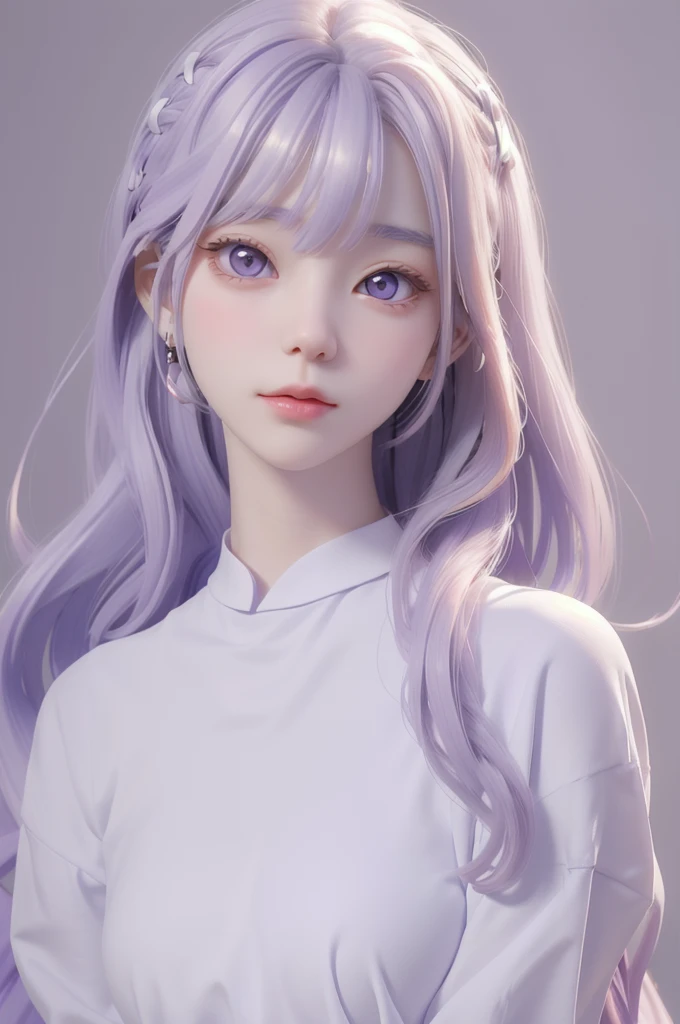 Best quality, cartoon_Portrait, 1 female, solo, female with long white and purple hair, light pastel, looking at viewer, simple background, 1 white cat, gray eyes, closed mouth, long white shirt, lips, swept bangs, bedroom background, red lips