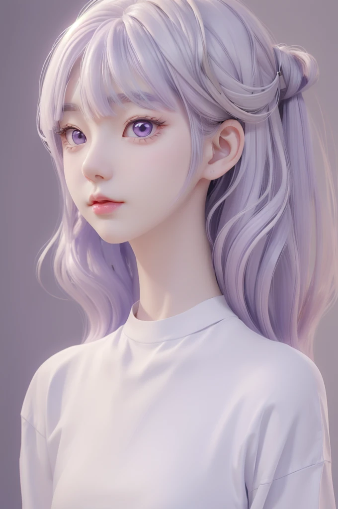 Best quality, cartoon_Portrait, 1 female, solo, female with long white and purple hair, light pastel, looking at viewer, simple background, 1 white cat, gray eyes, closed mouth, long white shirt, lips, swept bangs, bedroom background, red lips