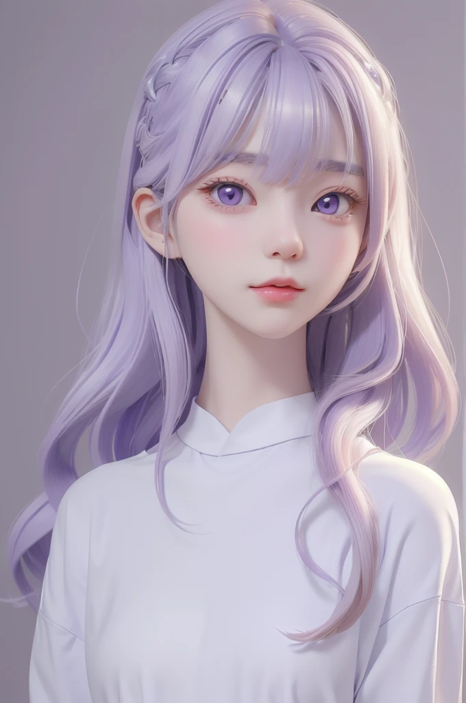 Best quality, cartoon_Portrait, 1 female, solo, female with long white and purple hair, light pastel, looking at viewer, simple background, 1 white cat, gray eyes, closed mouth, long white shirt, lips, swept bangs, bedroom background, red lips