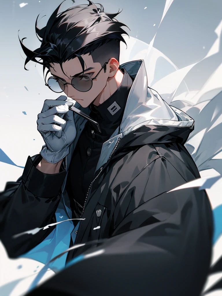 1male, black hair, modern undercut hair, black tinted circle glasses, white gloves, black windbreaker, snowing ambiguous background, grey eyes