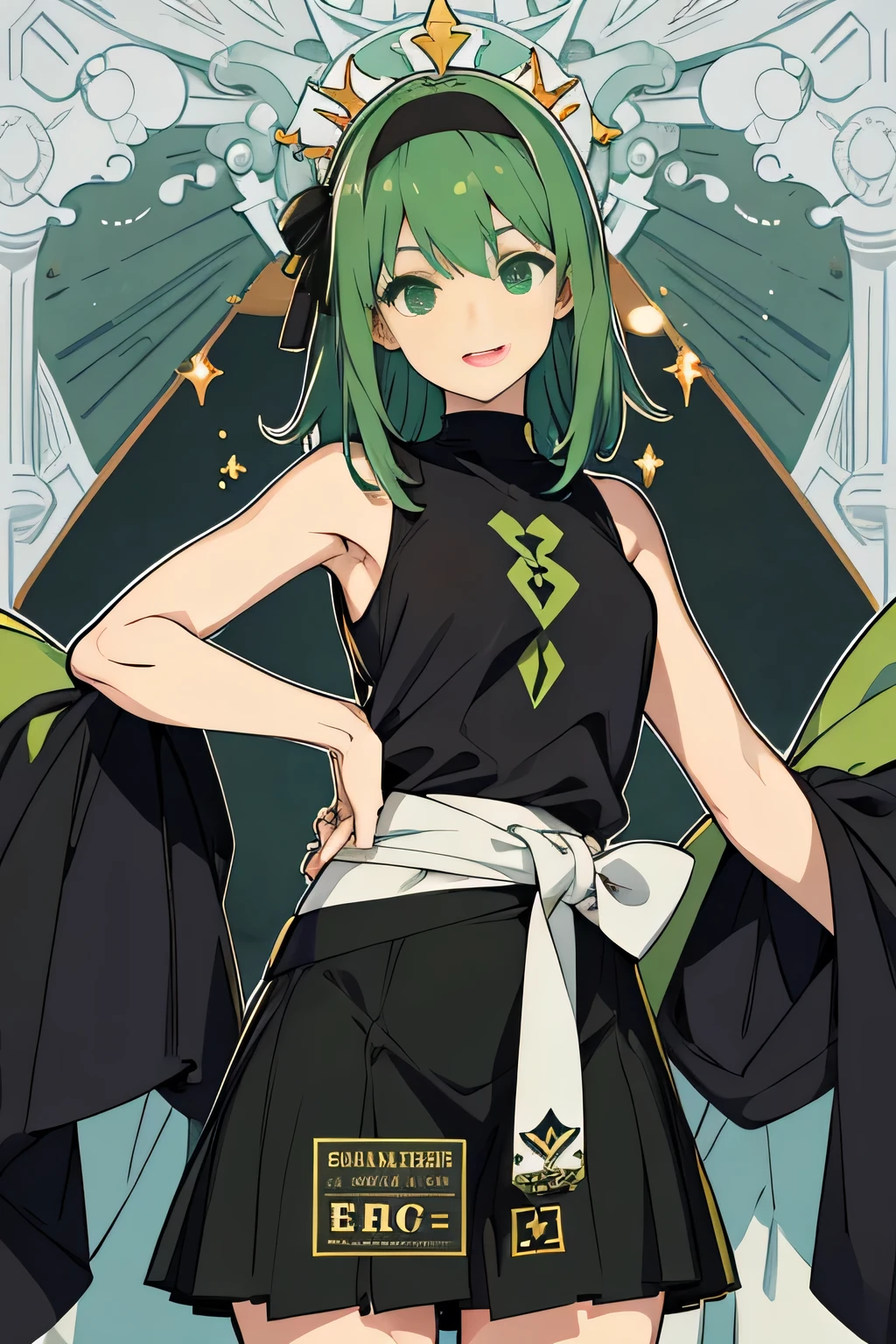 ,masterpiece, first-class, (One point thing), (Perfect Face: 1.1), (Attention to detail: 1.1), One point thing, (Healthy Skin),anime,Deformation, whole body, anteater, White skin, Dark green hair,Bright green hair tips, Black headband,Large ribbons on both sides,Green Eyes, Black tank top with straps, Letters on waist(DREAM) , Open mouth smile, looking at the camera, Plain background
