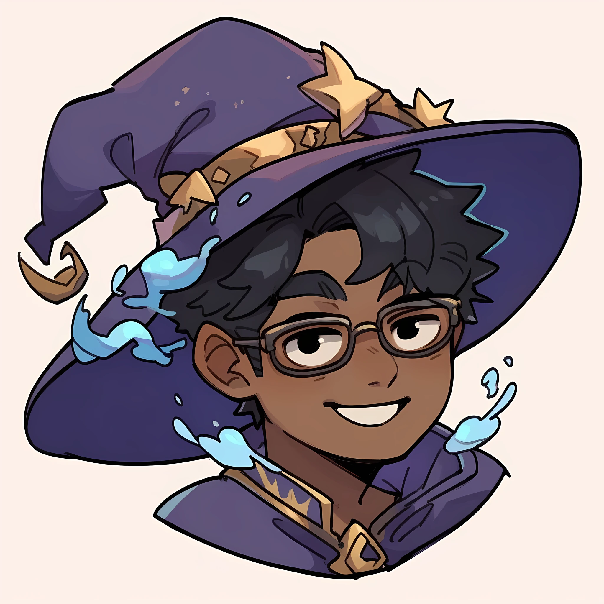 score_9, score_8_up, score_7_up, score_6_up, score_5_up, 1boy, chibiIcon, magic, wizard hat, brown skin, solo, simple white background, smile, glasses, short black hair