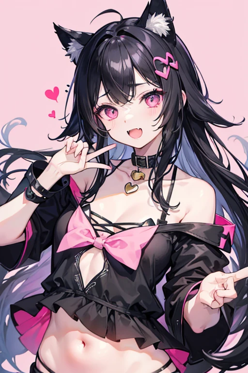 Thinned black hair、Messy hair、Make a peace sign、Black fluttering clothes、cute、Stylish、Black cat ears、Wearing a collar、magic、Fantasy、Hearts fly、pink、Taunt、bright、Stupidly、Belly button、Open your mouth and laugh、Has some fangs
