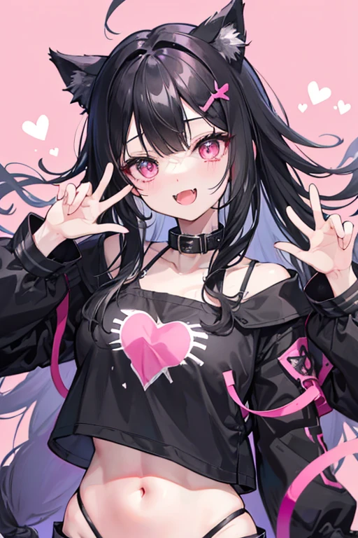 Thinned black hair、Messy hair、Make a peace sign、Black fluttering clothes、cute、Stylish、Black cat ears、Wearing a collar、magic、Fantasy、Hearts fly、pink、Taunt、bright、Stupidly、Belly button、Open your mouth and laugh、Has some fangs