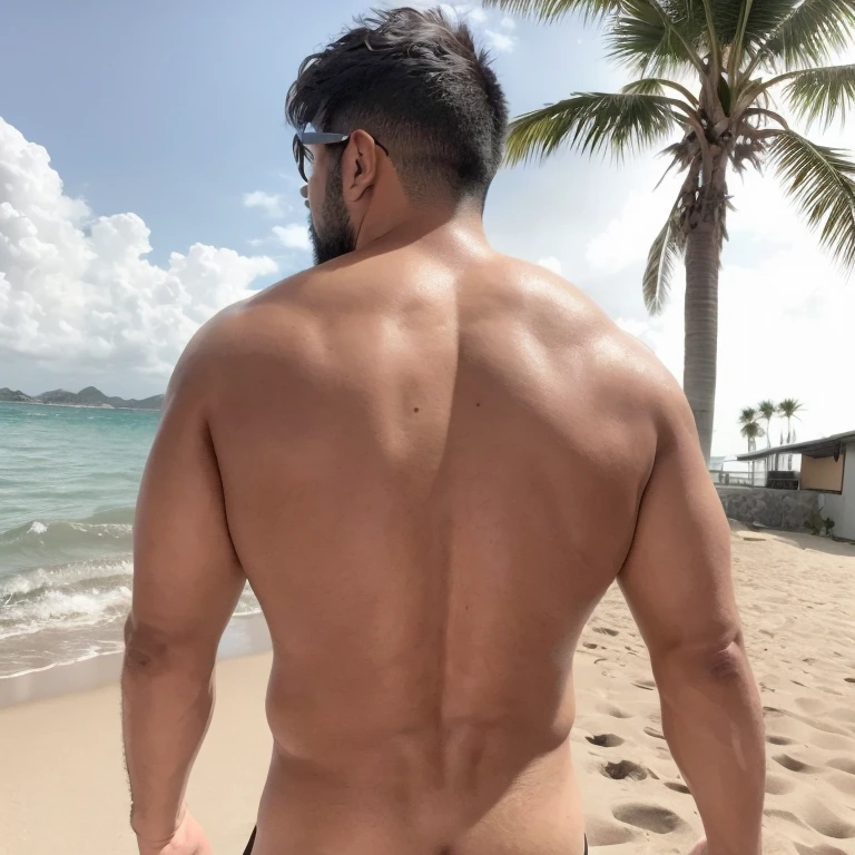 male, alone, ((Yossan)), beard, Glasses, Are fat, Tanned body, male性サーファー, Back view, Beach, Palm Tree, Have a surfboard, heat haze, mirage, blue sky, Vacation, masterpiece