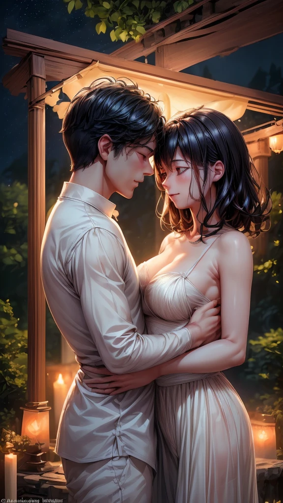 Bathed in the soft glow of moonlight, a couple is enveloped in a romantic embrace beneath the stars, their love palpable in the cool night air. The scene captures their intimate moment under the enchanting canopy of night, with their silhouettes against the darkened sky. Every detail is expertly rendered, from the gentle sway of their bodies to the subtle caress of their hands. The image exudes a sense of timeless romance, drawing viewers into their world of love and connection.