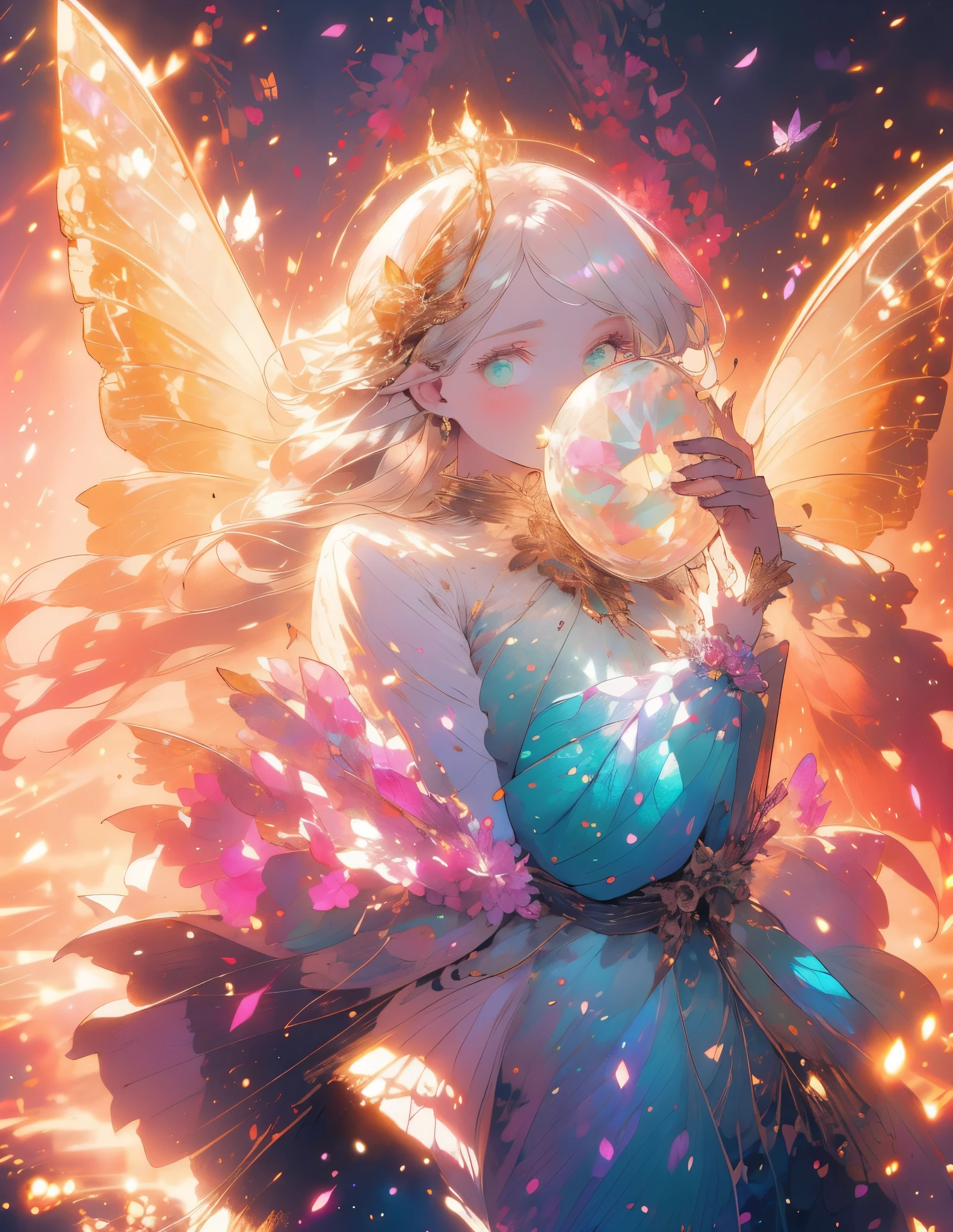 a beautiful (1girl) with colorful butterfly wings, white hair, detailed face, green eyes,intricate butterfly wings,detailed wing patterns,detailed clothing,colorful butterfly wings,cinematic lighting,golden light particle, best detailed,masterpiece,ultra detailed, best shadow, delicate,action pose, (dynamic angle,detailed background, fantasy), (beautiful detailed face), high contrast, (best illumination, an extremely delicate and beautiful), ((cinematic light)), colorful, hyper detail, dramatic light, intricate details, multiple butterfly circle, magic crystals, Fantastic fairy, Unique type 