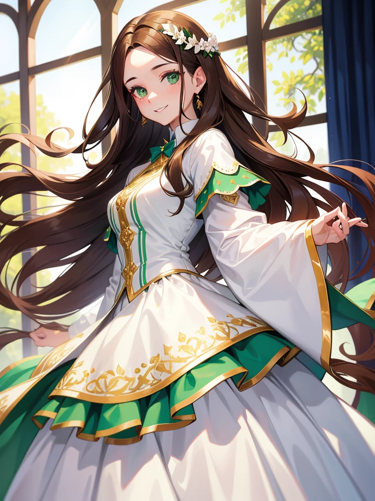 adult woman, long brown hair, green eyes, White formal wear, pomade, smile, masterpiece, high quality
