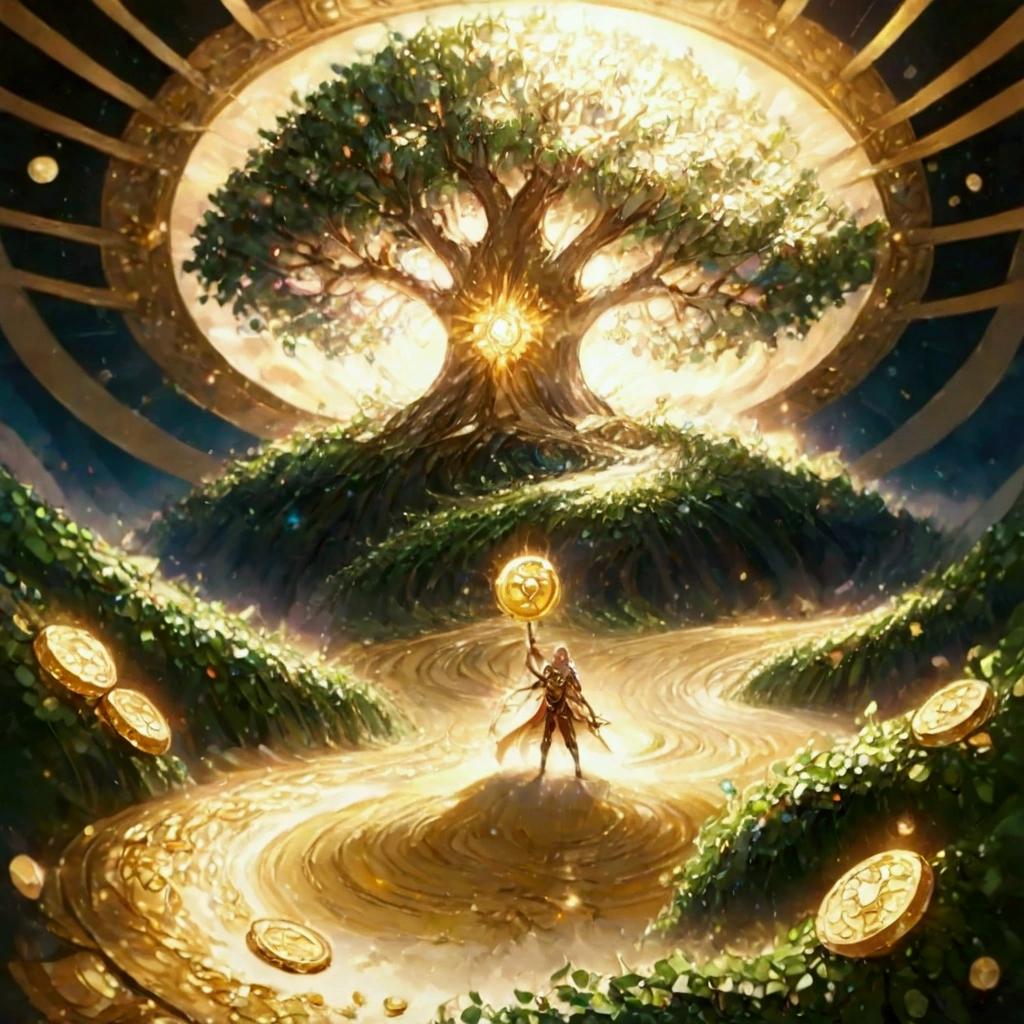 Best quality，A tree is surrounded by vines，The tree is surrounded by gold coins Vast Field: Illustrate a vast field with a backdrop of clear blue skies. Crypto Coins: Include images of various cryptocurrencies like Bitcoin, Ethereum, and other altcoins growing on the field. Natural Landscape: Incorporate natural elements such as trees, green hills, and a sunrise casting a golden glow on the coins. Pathway: Depict a winding pathway traversing the field, indicating directions to explore various opportunities. "CoinSeeker" Character: Add an image of a seeker looking forward with enthusiasm, embodying the spirit of adventure and exploration in seeking opportunities in the crypto world.