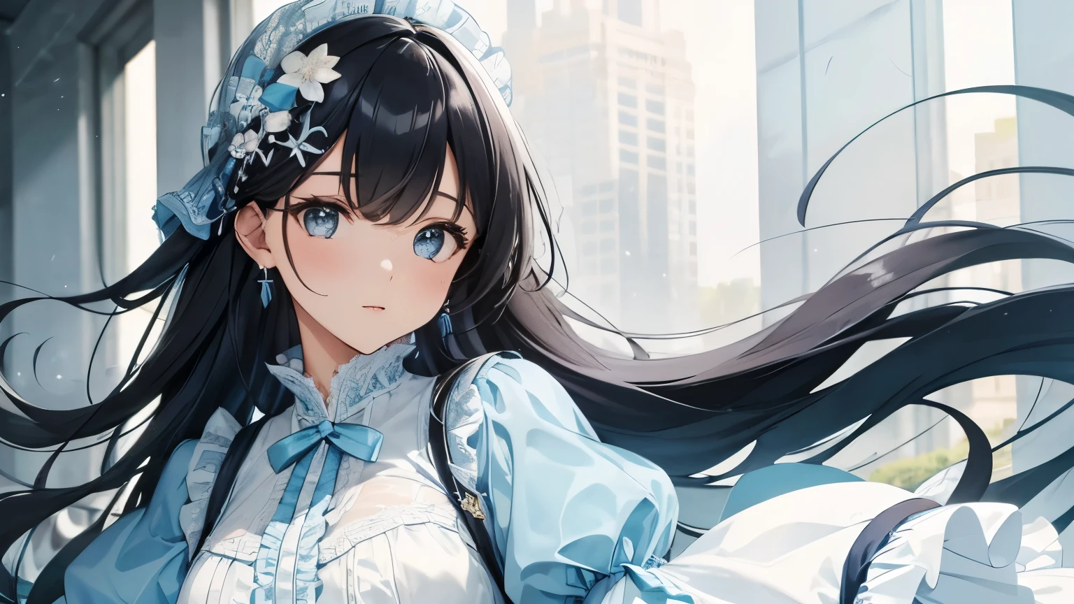 A beautiful woman wearing a light blue and white long puff sleeve dress with lots of frills and lace Long black hair with hair ornament Upper Body