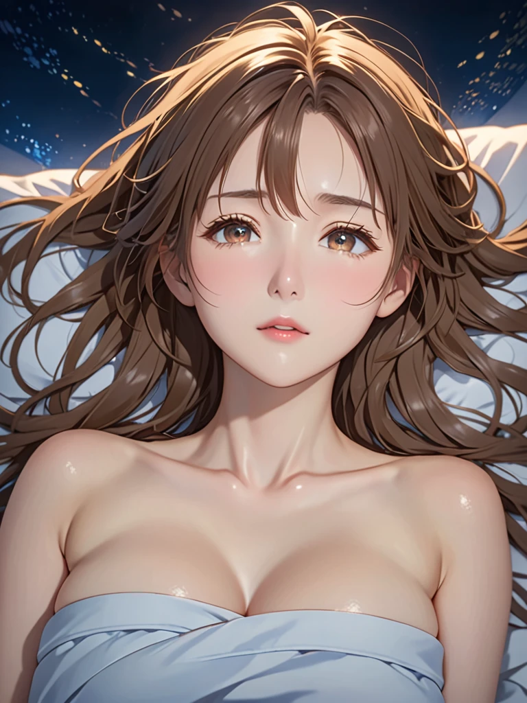 masterpiece, High resolution, figure, Kyoto Animation Style, Your Name Movie Style, night, mid-night, Light, (1girl:1.3), (alone:1.4), Long eyelashes, messy hair, long hair, light brown hair color, futon, Lying down, (covering chest by hand), (((in heat, aroused, wishful))), ideal ratio body proportions, sagging breasts, from above, looking up at viewer, {{{{vulgarity}}}}