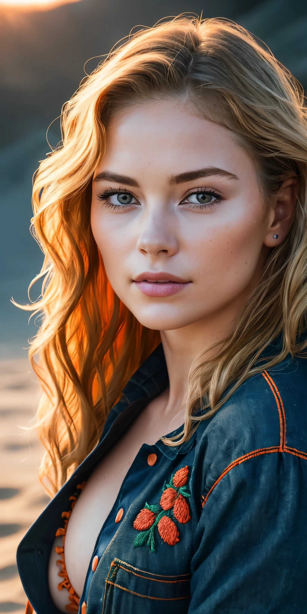 Full face portrait photo of 75 year old European woman, RAW, beautiful woman, semi-open strawberry lip, dimples, wistful expression, (blonde hair with extra long wavy), ((detailed face)), ((detailed facial features)), (fine detailed skin), pale skin, a desolate sandy wasteland environment, (cool color), moist, damp, reflection, (masterpieceShot with Canon EOS R5 (detail) (Realistic photos) (Detailed details) 50mm lens, f/2.8, HDR, (8k) (wallpaper) (cinematic lighting) (dramatic lighting) (sharp focus) (complex), RAW photography, RAW photography, gigachad photography, camera pose, black jeans, back arm, 8k uhd, dslr, high quality, Grain Film, Fujifilm XT3, Film Stock Photo 4 Kodak Portra 400 Camera F1.6 Lens Rich colors Ultra-realistic textures Dramatic lighting Unreal Engine Art Station Trends Cinestill 800 Tungsten, Toughboy Style, Ultra Focus Face, Intimidating, Fighting Position, Short Messy Hair, Muscles, Bursting Veins, Beads, ((Lingerie set with dark orange embroidery)), ((dark orange camisole thin)),