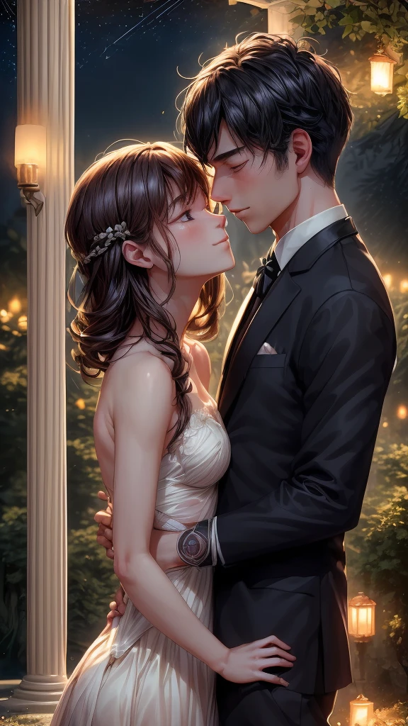 Bathed in the soft glow of moonlight, a couple is enveloped in a romantic embrace beneath the stars, their love palpable in the cool night air. The scene captures their intimate moment under the enchanting canopy of night, with their silhouettes against the darkened sky. Every detail is expertly rendered, from the gentle sway of their bodies to the subtle caress of their hands. The image exudes a sense of timeless romance, drawing viewers into their world of love and connection.