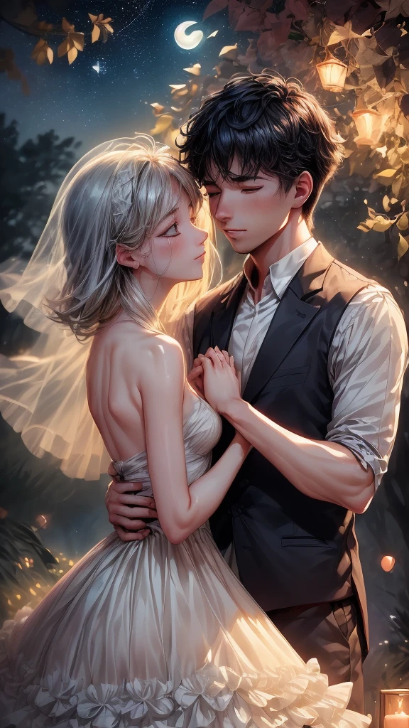Bathed in the soft glow of moonlight, a couple is enveloped in a romantic embrace beneath the stars, their love palpable in the cool night air. The scene captures their intimate moment under the enchanting canopy of night, with their silhouettes against the darkened sky. Every detail is expertly rendered, from the gentle sway of their bodies to the subtle caress of their hands. The image exudes a sense of timeless romance, drawing viewers into their world of love and connection.