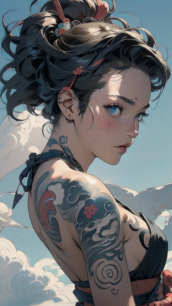 (((masterpiece, highest quality))),,(((solo:1.2))),(((1girl:1.2))),32k wallpaper, very detailed, poster, vintage science fiction,(((((portfolio))))),(((((Close-up))))),(((((bust up))))),((((more various angle)))),((((highlight)))),((((heterochromia)))),(((complete. detailed face))),(((detailed unlimited complete equipment : great ocean))),(((((Absolutely Realistic Clouds background))))),(((Texture for people : halftone))),((Open your mouth wide)),(((Wind God and Thunder God))),(((Ukiyo-e))),(((tattoo:swallow)))