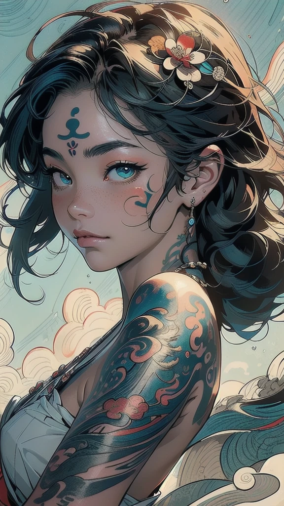 (((masterpiece, highest quality))),,(((solo:1.2))),(((1girl:1.2))),32k wallpaper, very detailed, poster, vintage science fiction,(((((portfolio))))),(((((Close-up))))),(((((bust up))))),((((more various angle)))),((((highlight)))),((((heterochromia)))),(((complete. detailed face))),(((detailed unlimited complete equipment : great ocean))),(((((Absolutely Realistic Clouds background))))),(((Texture for people : halftone))),((Open your mouth wide)),(((Wind God and Thunder God))),(((Ukiyo-e))),(((tattoo:swallow)))