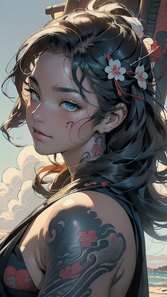 (((masterpiece, highest quality))),,(((solo:1.2))),(((1girl:1.2))),32k wallpaper, very detailed, poster, vintage science fiction,(((((portfolio))))),(((((Close-up))))),(((((bust up))))),((((more various angle)))),((((highlight)))),((((heterochromia)))),(((complete. detailed face))),(((detailed unlimited complete equipment : great ocean))),(((((Absolutely Realistic Clouds background))))),(((Texture for people : halftone))),((Open your mouth wide)),(((Wind God and Thunder God))),(((Ukiyo-e))),(((tattoo:swallow)))