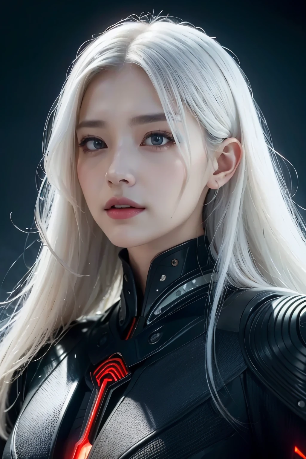 Portrait of a beautiful girl with wavy white hair, Wearing a formal black dress with metal parts, red eyes, monogram on background, digital painting, dark colors, 8k, intricate details, vintage, 복고풍 future 지향적 스타일, sharp focus in the center, pastel colors, art station, (science fiction, future, future theme), (a look of contempt), (detailed picture)